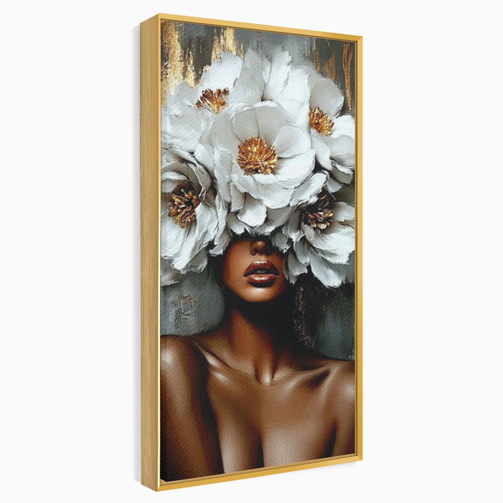 Tablou canvas cu tablou canvas portret femeie cu flori, in rama de aluminiu auriu